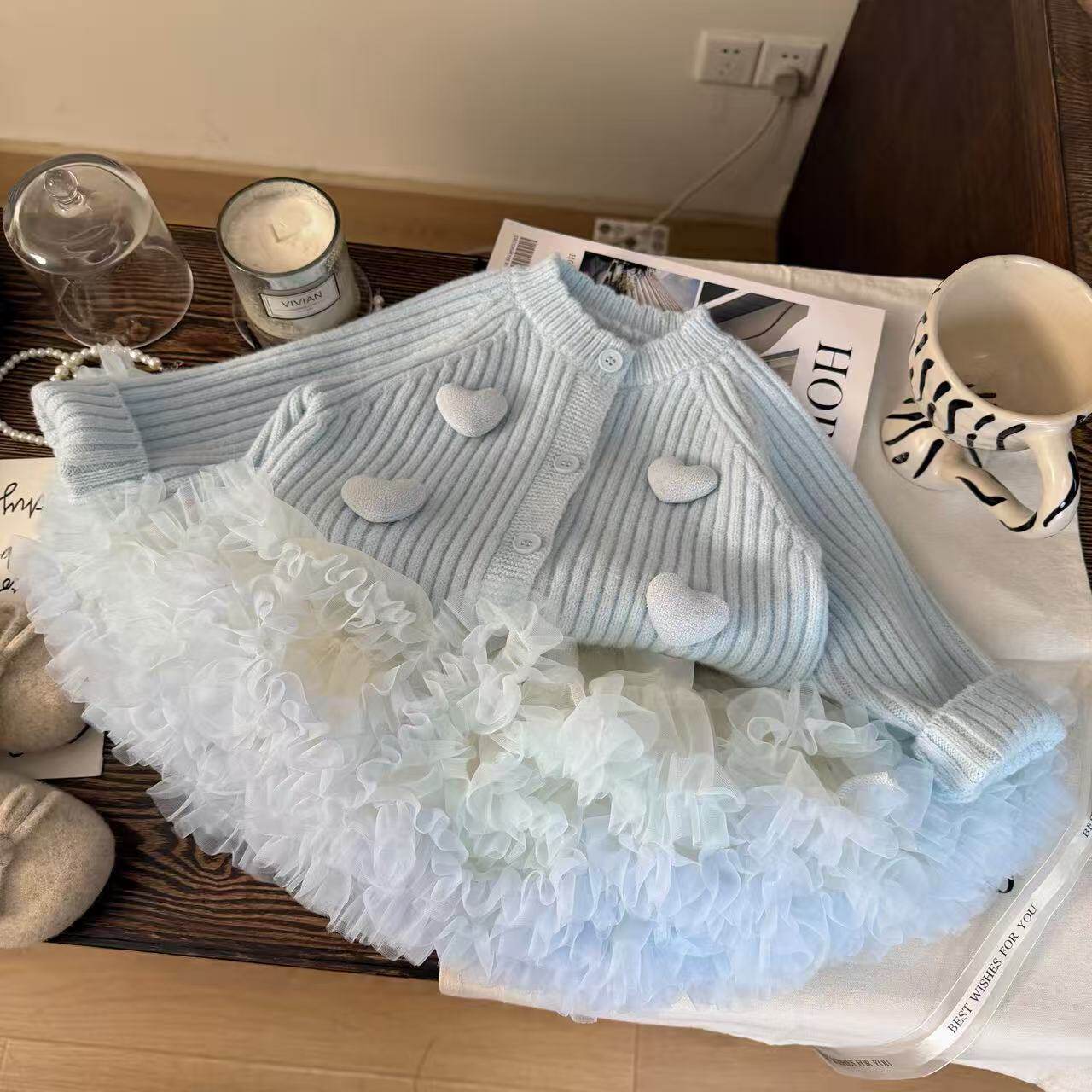 韩版童装2025新款秋冬女童爱心毛衣开衫儿童蓬蓬tutu公主裙两件套