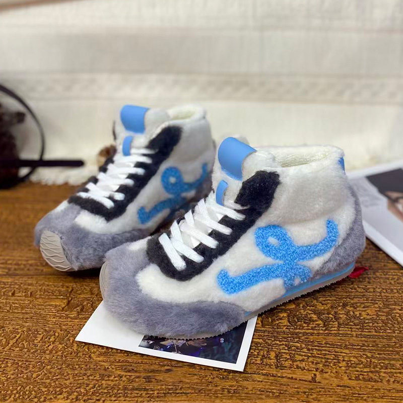 冬季拼色萌萌高帮毛毛德训鞋保暖加绒女士棉鞋高帮运动休闲鞋子