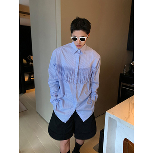 MAN 衬衫 STUDIO 精致细条纹特别流苏设计感休闲长袖 上衣 自制 ESC