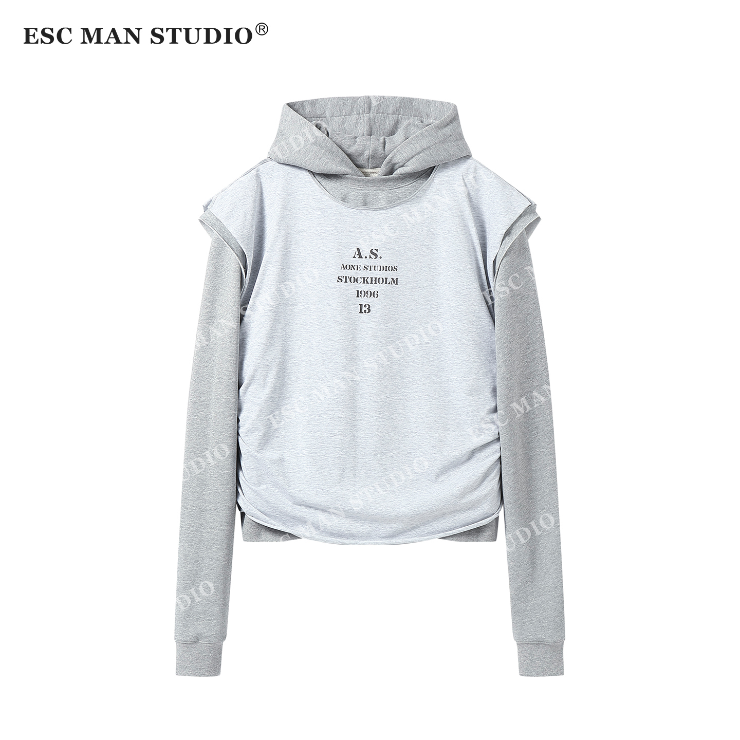 ESC MAN STUDIO/不一样的感觉假两件分层设计感连帽修身套头卫衣