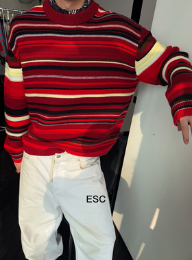 ESC MAN STUDIO/自制 纯羊毛彩虹条纹拼色针织衫休闲圆领套头毛衣