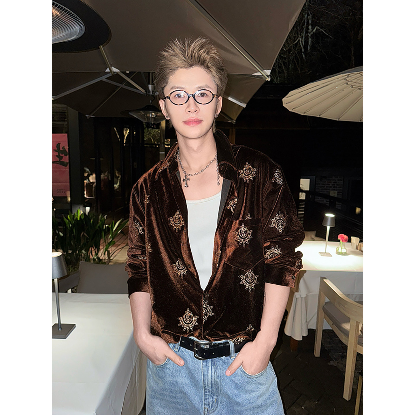 ESC MAN STUDIO/自制 早春新款复古设计感长袖丝绒衬衫休闲上衣