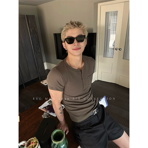 ESC MAN STUDIO/自制 夏季休闲CHIC风亨利领短袖T恤正肩短tee