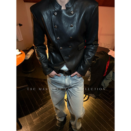ESC MAN STUDIO/“拿破仑lancer夹克”金属排扣短款立领修身皮衣