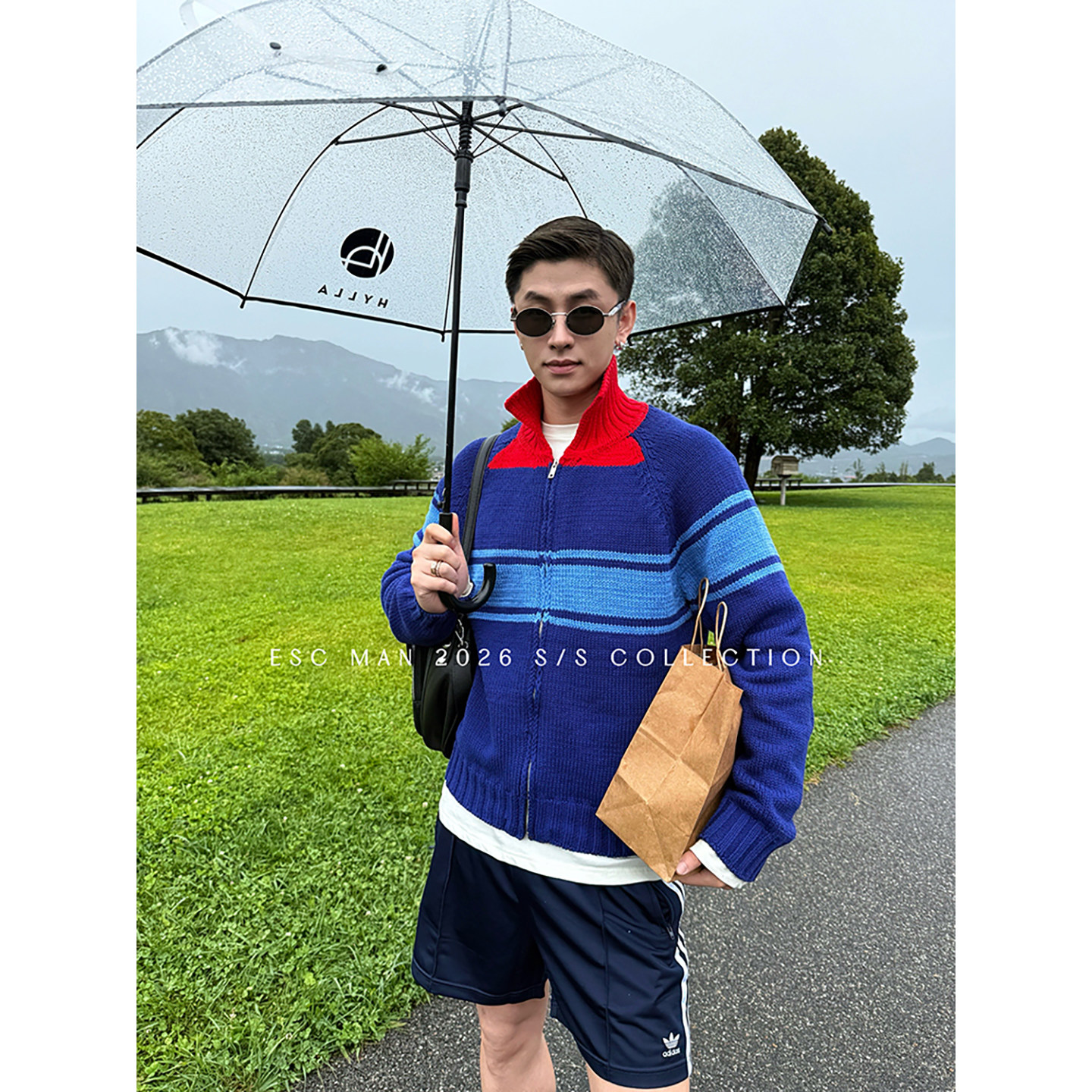 ESC MAN STUDIO/设计感条纹拼接撞色 小立领休闲针织毛衣开衫上衣图片