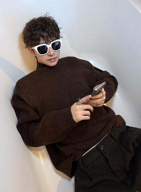 ESC MAN STUDIO/羊毛马海毛混纺烟草棕半高领毛衣