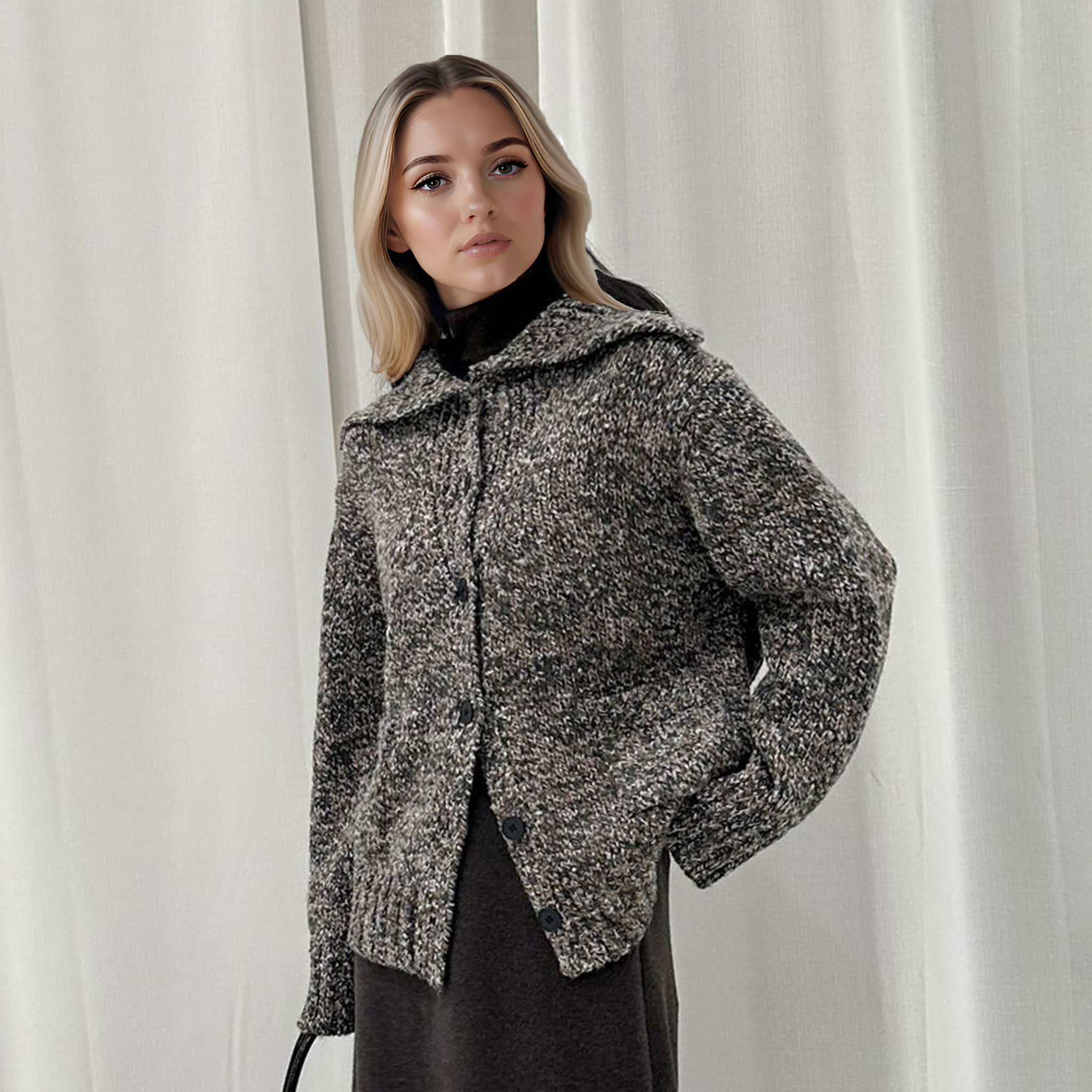 巴黎风混色针织大翻领毛衣慵懒风