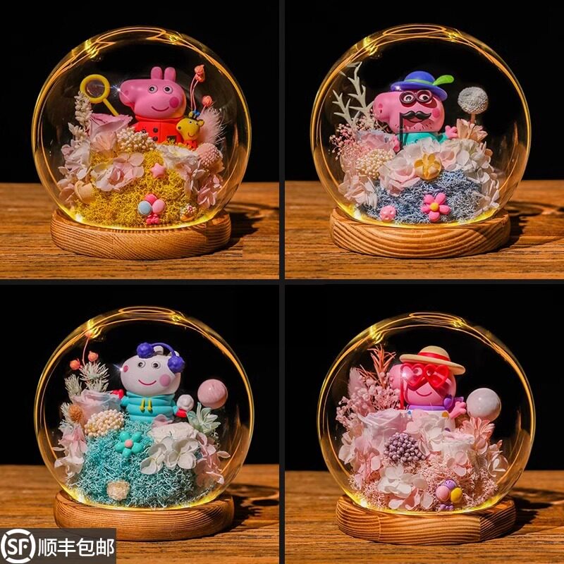 泡泡玛特小猪佩奇嘻游记盲盒手办玩具乔治公仔永生花摆件潮玩女生