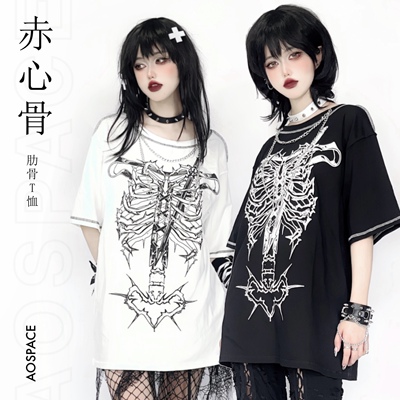 缺氧外太空赤心骨肋骨印花短袖