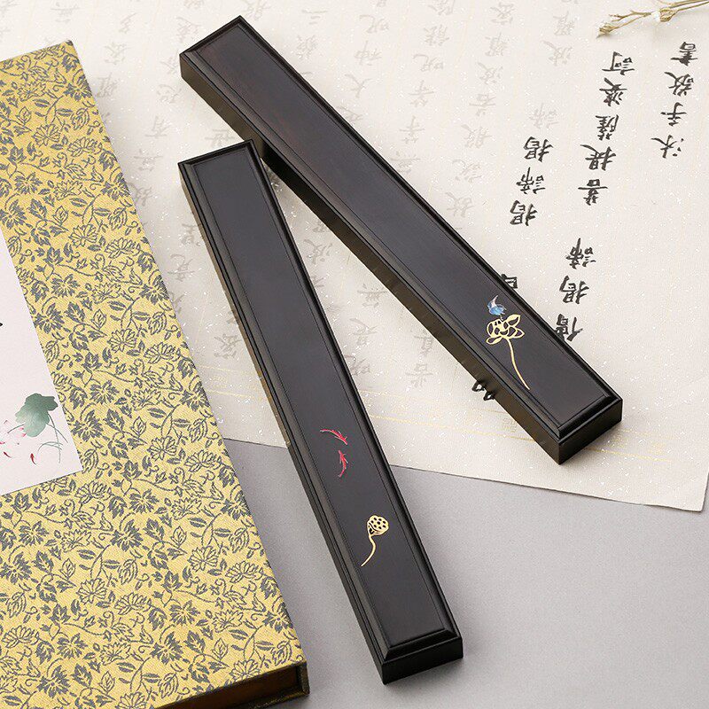 红木镇纸书画用品压书器 创意紫光檀嵌黄铜镇尺书法压纸石压条 实木文房书法文镇非纯铜压纸工具定制logo刻字