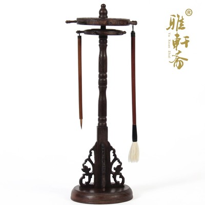 红木双层圆形旋转仿古鸡翅木雕花笔挂毛笔架毛笔挂文房四宝