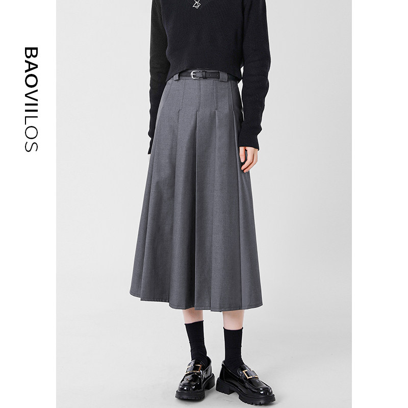 2023春季新款高腰中长款西装百褶半身裙女显瘦气质灰色百搭长裙子