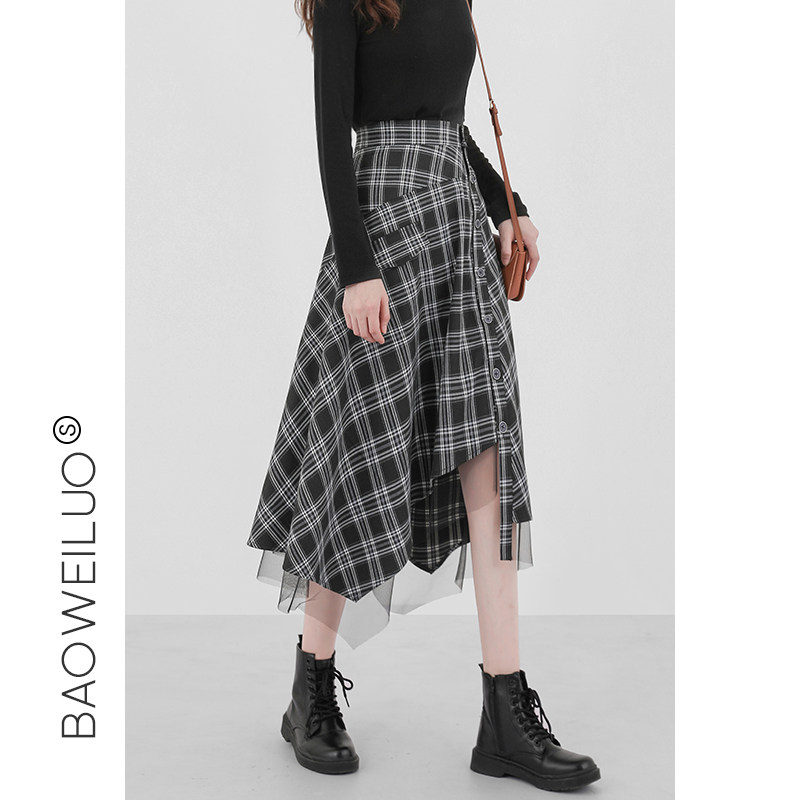 不规则半身裙女长裙2020秋季新款气质复古中长款格子裙高腰a字裙