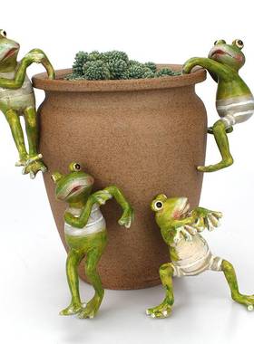 外贸4个装卡通可爱爬缸青蛙盆栽挂饰花园仿真动物树脂工艺品