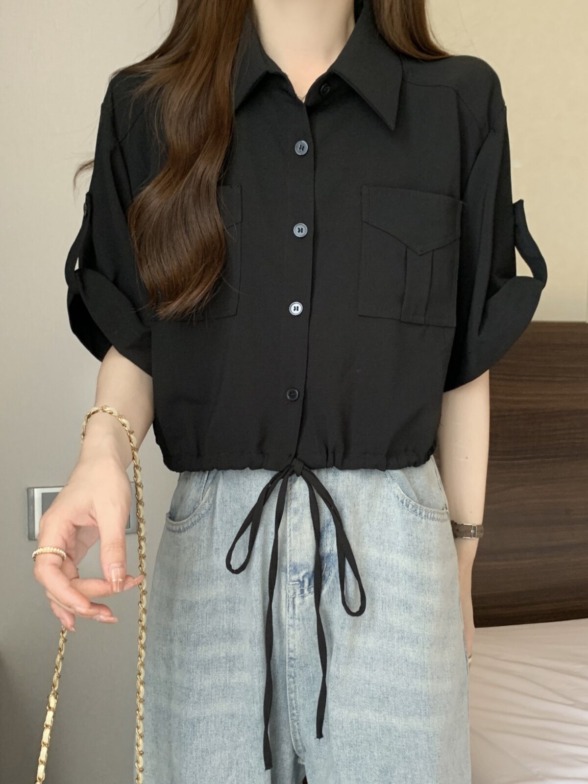 독특하고 독특한 폴로 칼라 오른쪽 어깨 여성용 반팔 셔츠 여름 플러스 사이즈 지방 MM 드로스트링 허리 작업복 짧은 탑