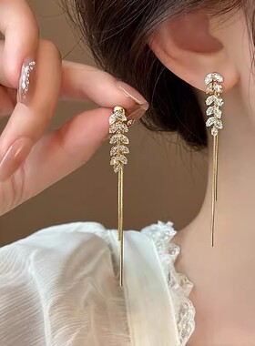 电镀真金锆石麦穗流苏耳环女轻奢小众耳钉2024新款气质长款耳饰