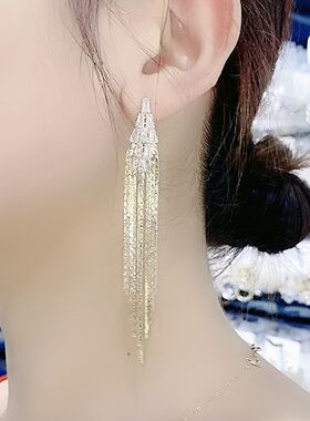 韩国新款锆石流苏链条长款个性复古耳钉优雅冷淡风女士耳环耳饰