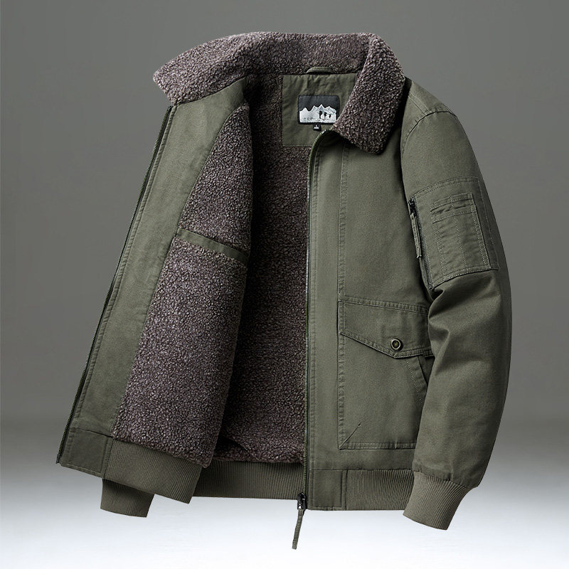 冬季棉服男款宽松休闲翻领羊羔绒外套加绒加厚保暖工装夹克棉衣潮