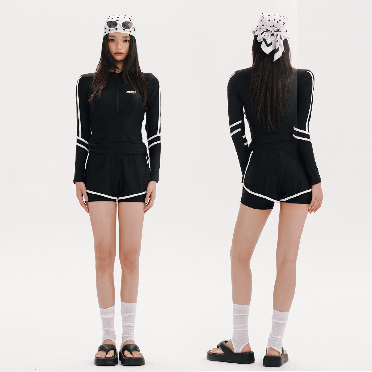 可爱的你-W小调运动度假冲浪防晒长袖平角分体两件套游泳衣泳装女