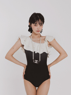 女新款 W小调连体遮肚显瘦不规则高级设计感游泳衣泳装 世界 楚门