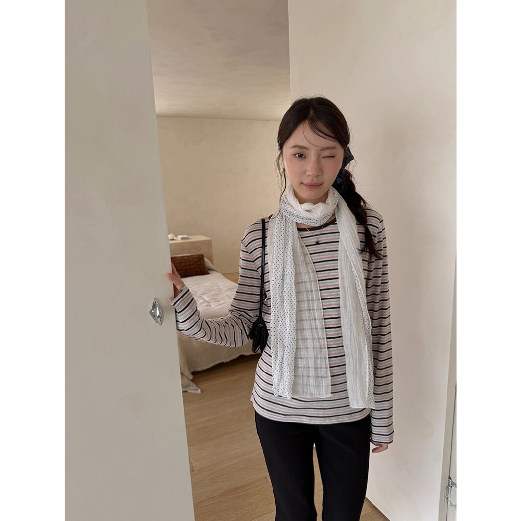 韩系复古条纹长袖T恤显瘦打底衫