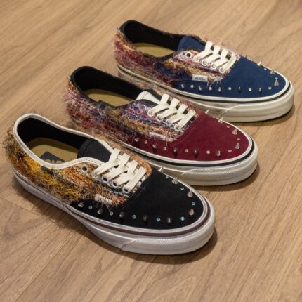 Vans Premium Authentic黑色铆钉马海毛粗花拼接复古做旧男女板鞋