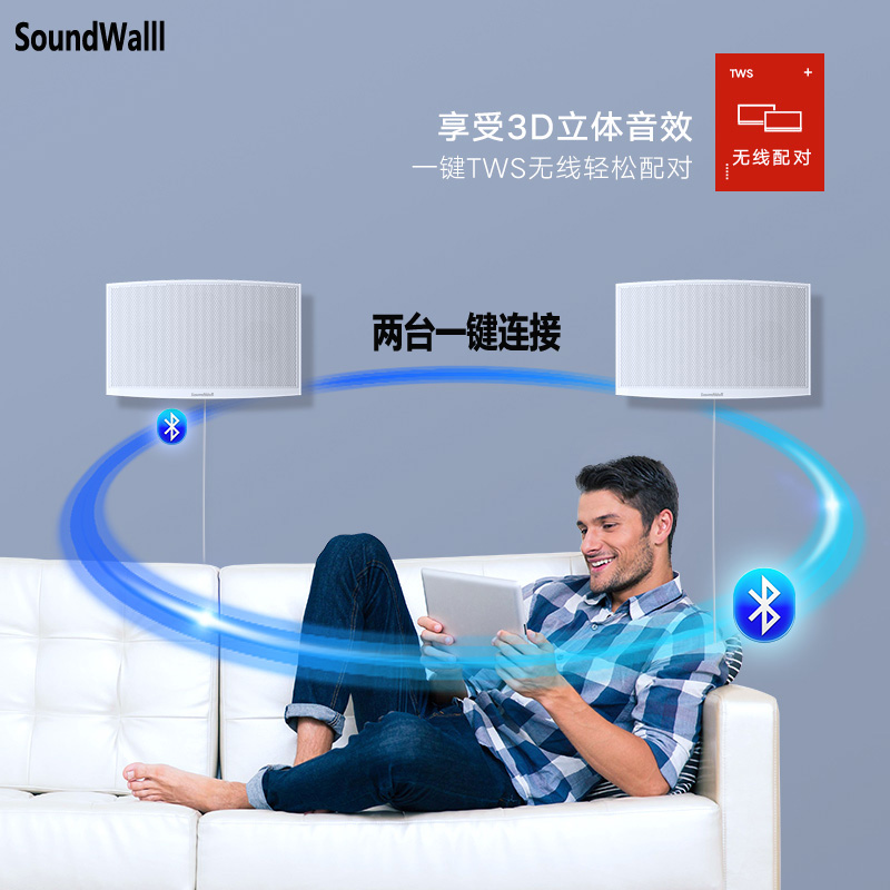 超薄无线壁挂蓝牙音响室内专用两台同步3D环绕立体声带遥控收音机