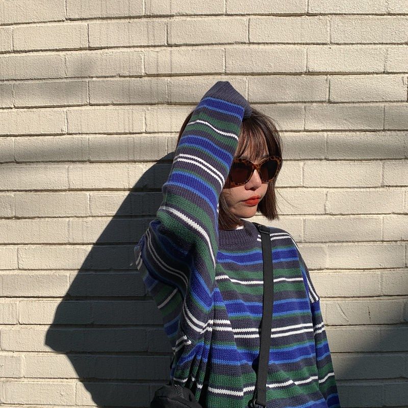 韓版拼色加厚條紋圓領毛衣女學生秋冬慵懶風寬松長袖套頭針織外套在類目 模玩/動漫/周邊/cos/桌遊, Cosplay服飾/道具/服務, Cosplay女裝中 - 來自Buy2taobao.com提供專業的淘寶代購服務