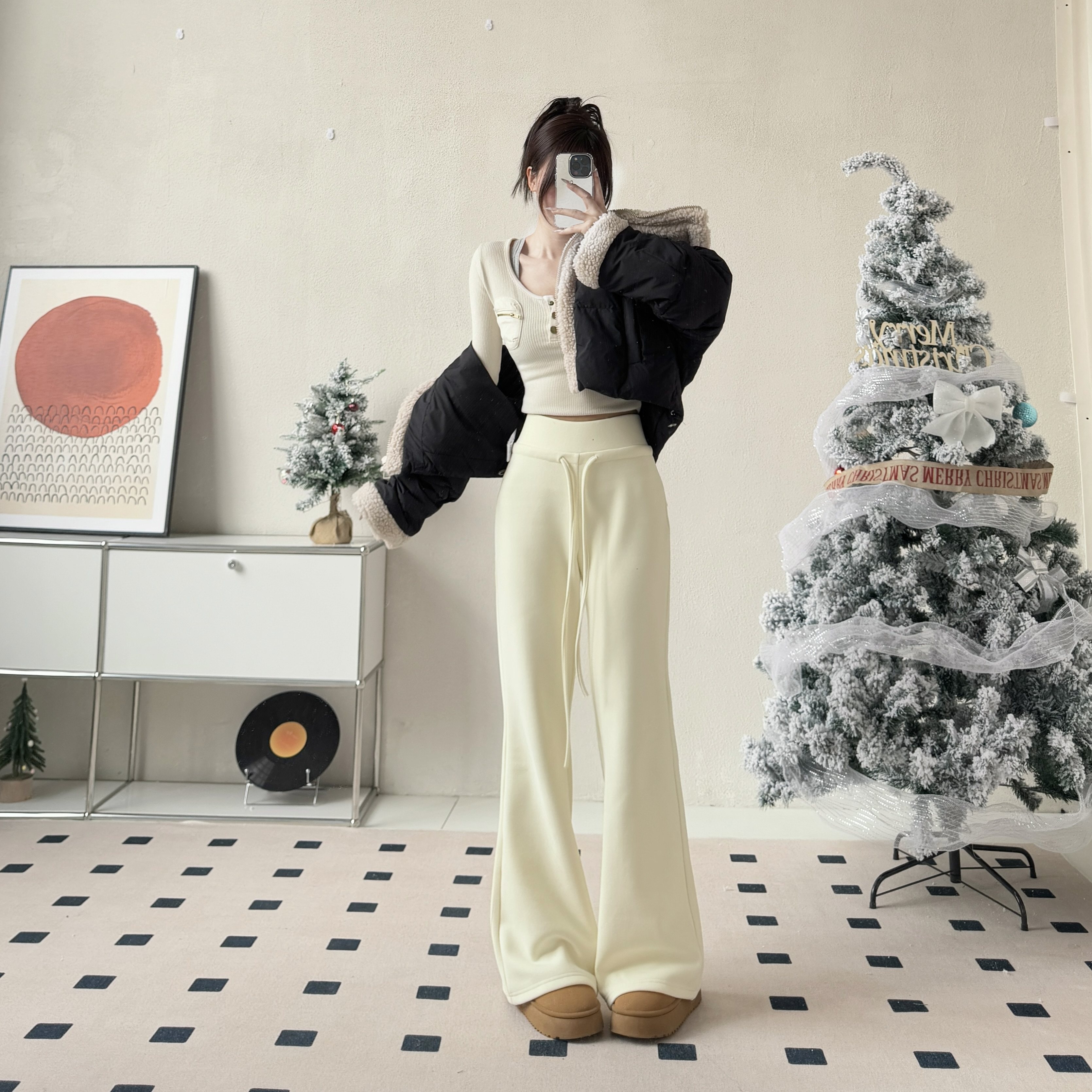 奶白色糯米裤高腰垂感直筒裤女