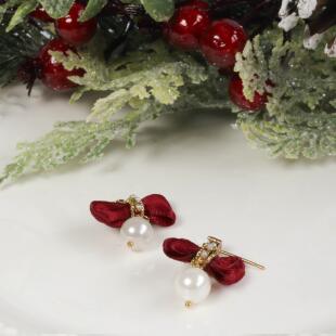 珍珠耳环女轻奢气质蝴蝶结耳钉高级感耳饰新年酒红过年礼物