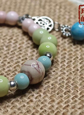 景德镇陶瓷手链 浅绿粉蓝陶瓷贝壳装饰复古吊坠女款手串闺蜜礼物
