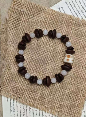 天然手工咖啡豆手链 白玉髓森系奶萌小猫吊坠治愈手链闺蜜礼物