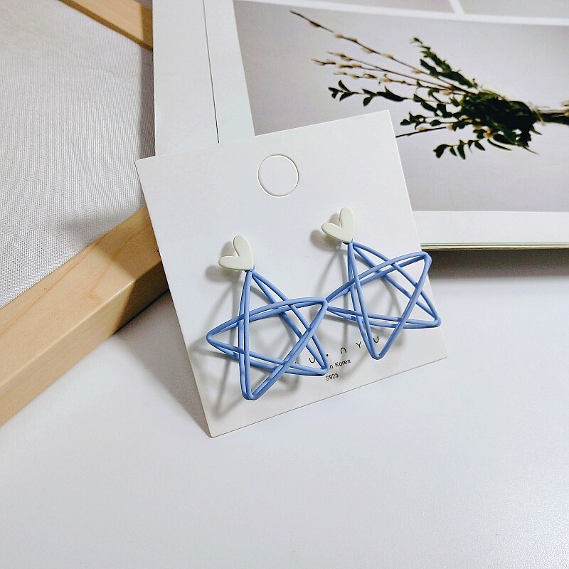 s925银针新款修饰脸型的镂空五角星立体超仙耳环耳饰耳夹无耳洞女