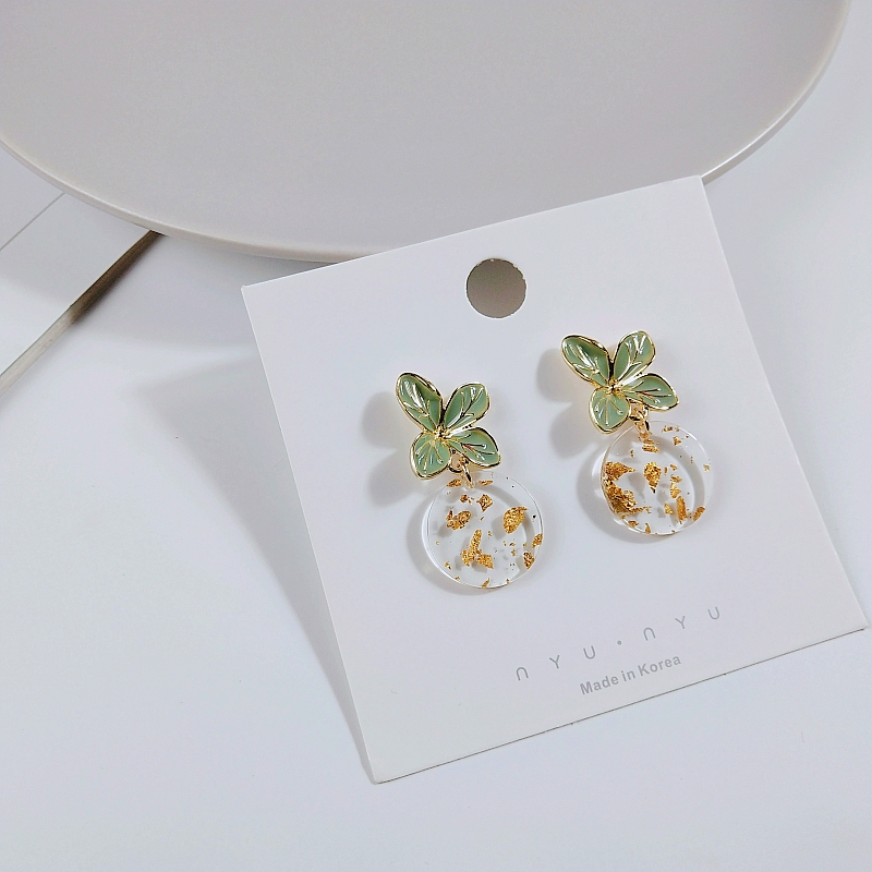 青岛饰品s925银针小众质感树叶鎏金耳钉韩国网红醋酸金箔精致耳环