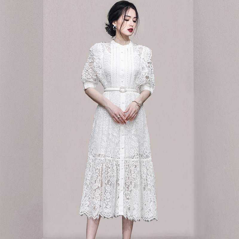 越南小众名媛淑女白色2024春收腰显瘦蕾丝吊带两件套连衣裙子纯色