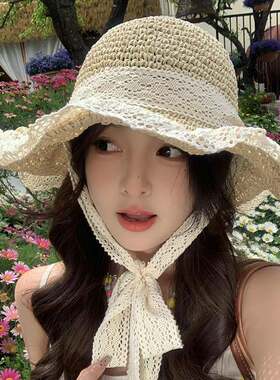 蕾丝蝴结草帽女季法TOX式大帽檐遮阳防晒帽海边沙滩夏蝶阳度假太