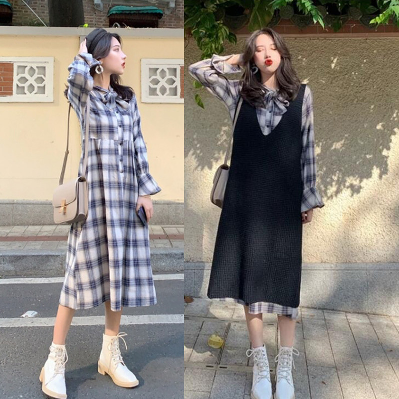 2019新款时尚孕妇春装连衣裙长袖格子衬衫裙背心毛衣马甲两件套潮|ruв категории Всё для беременных и кормящих, материнство, платье - от Buy2taobao.com для оказания профессиональной услуги покупки агента Taobao