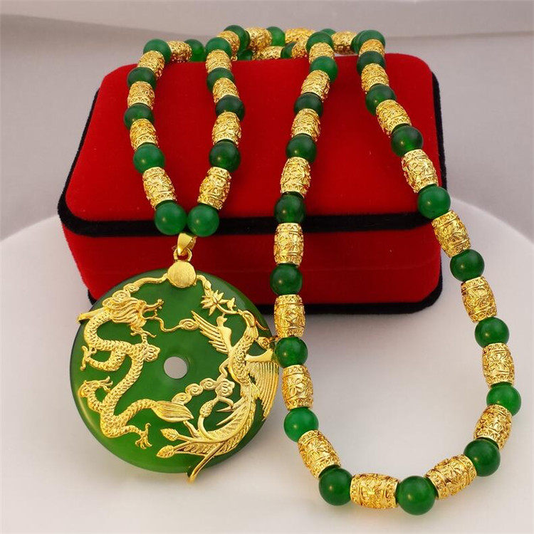 越南沙金24k镀厚金六字真言龙凤双龙镶嵌黄锡金玉石男女情侣项链