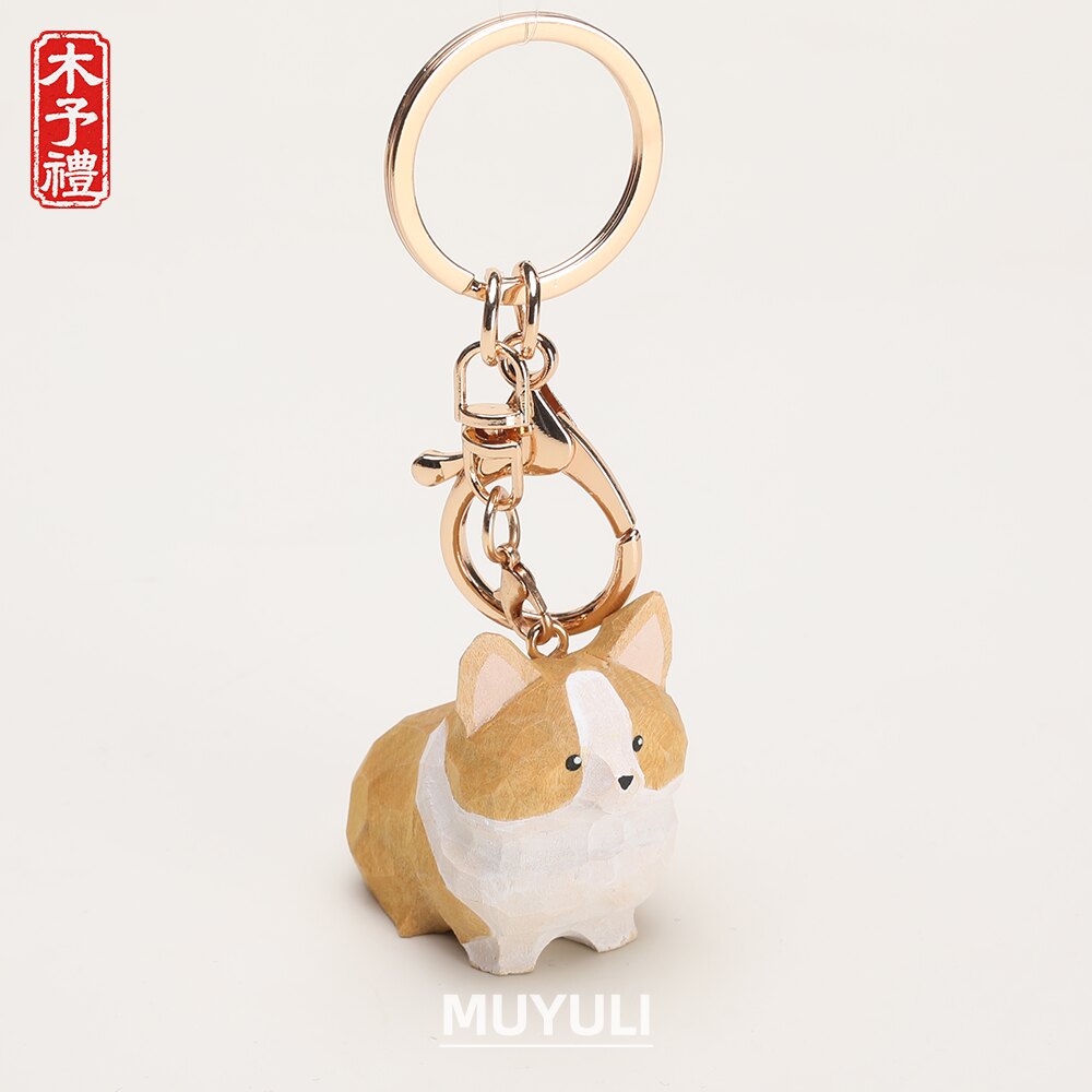 手工木雕柯基钥匙扣精致包挂件创意钥匙链七夕情人节礼物送女友