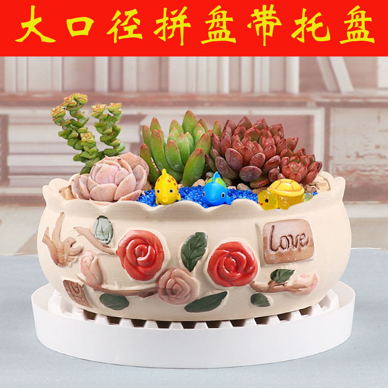 多肉花盆陶瓷圆形简约创意个性透气室内家用小绿植盆栽摆件带托盘