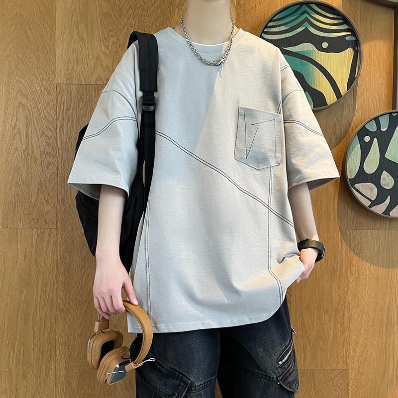 纯棉短袖T恤男夏季小众设计感半袖男青少年高端薄款男士宽松上衣