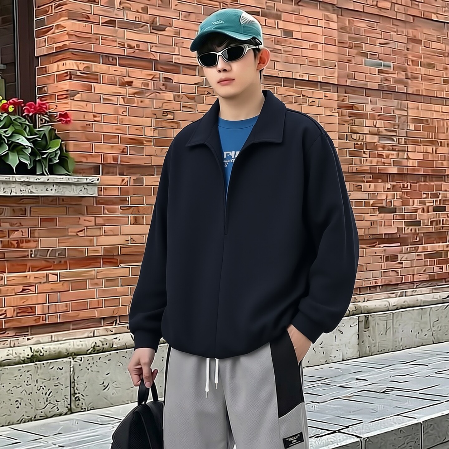 秋季男士翻领宽松半开衫卫衣