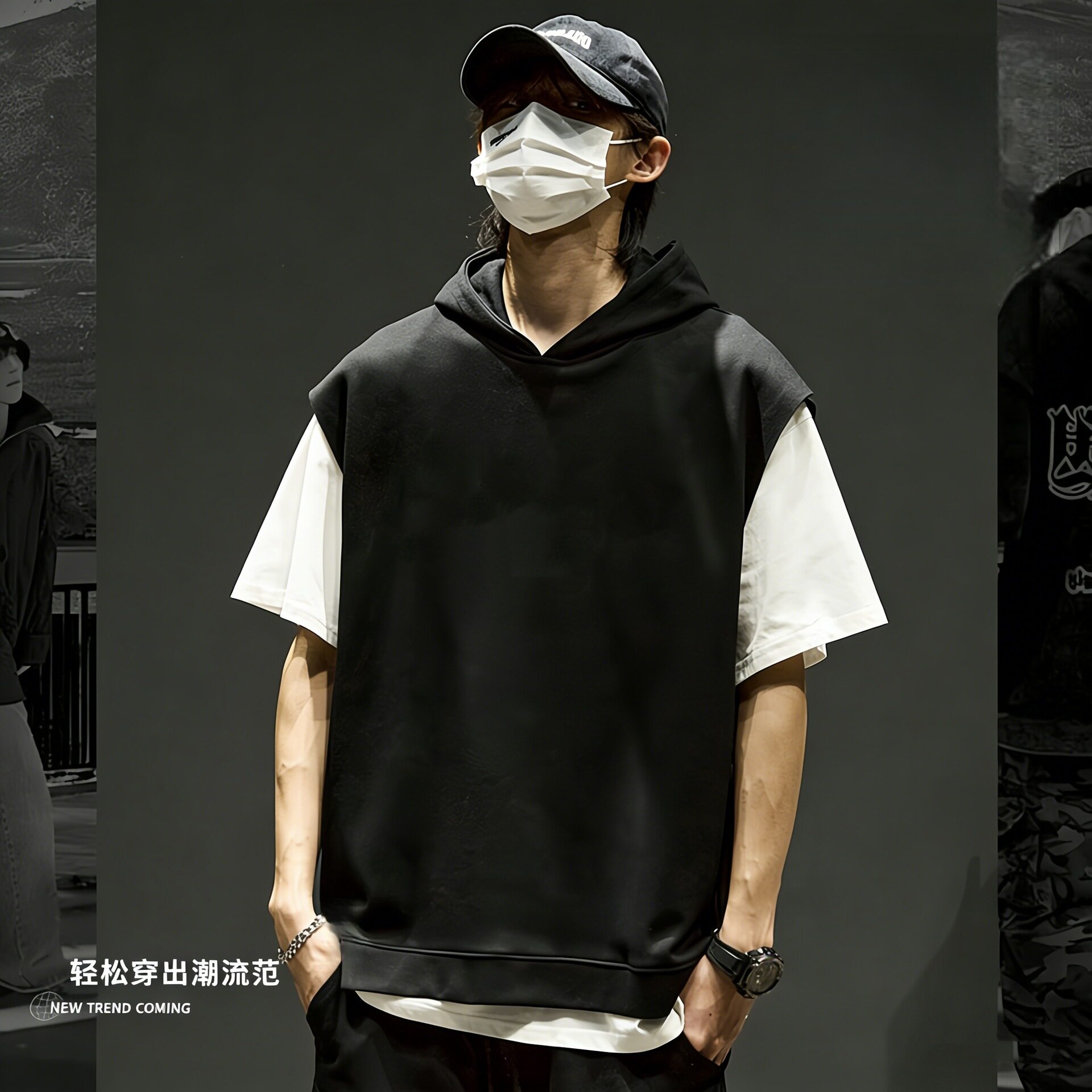 假两件纯色短袖t恤男美式潮牌美式连帽宽松上衣男生叠穿重磅五分