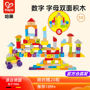 3岁 益智玩具1 Hape桶装 100粒双面字母数字积木幼儿童可咬宝宝拼装