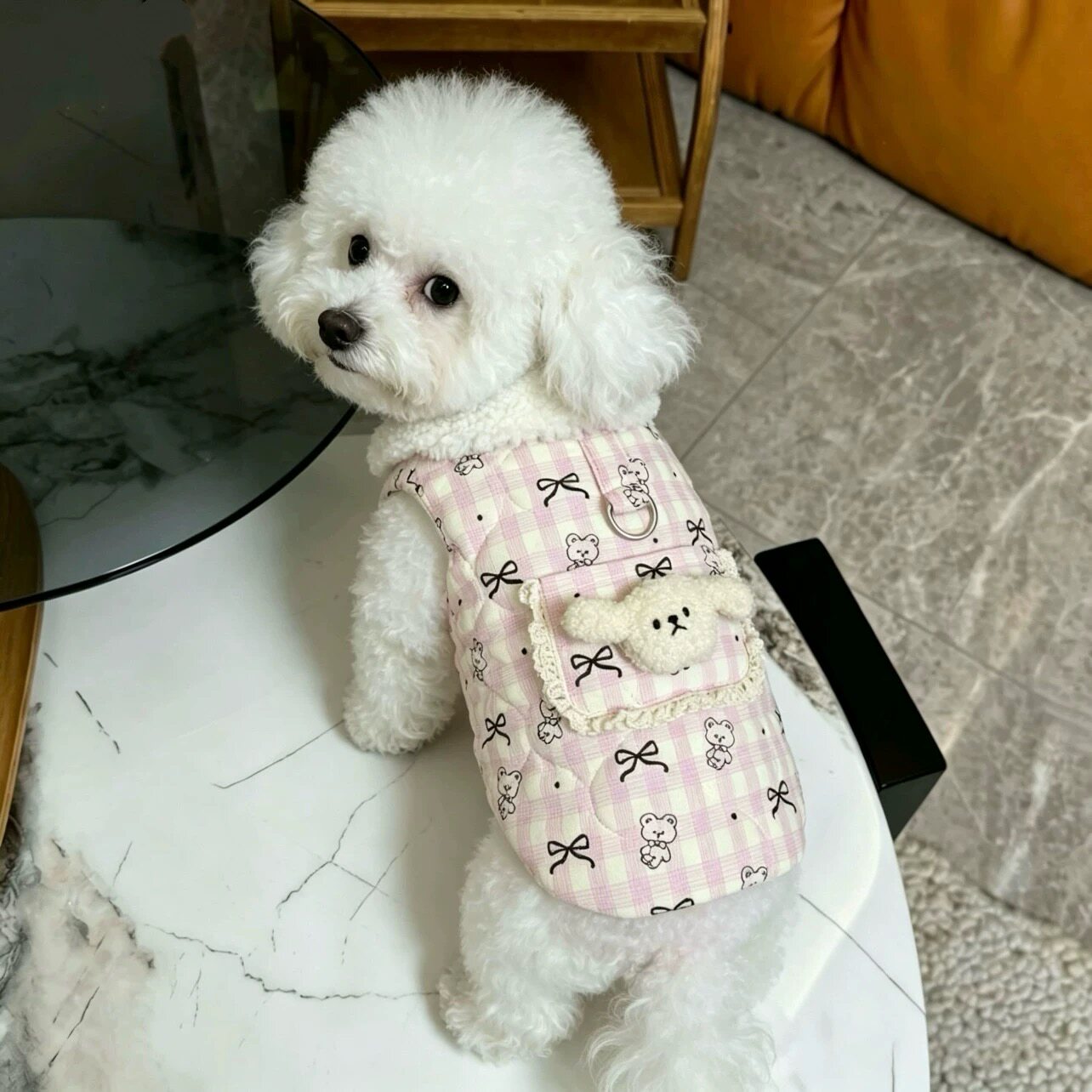 宠物衣服秋冬新款加棉加绒娃娃领马甲开衫背心狗狗猫咪牵引扣棉服