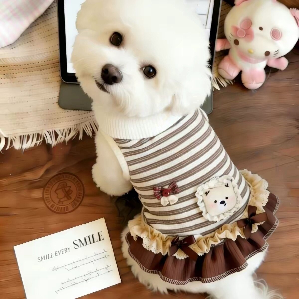 春夏秋猫狗条纹连衣裙可爱