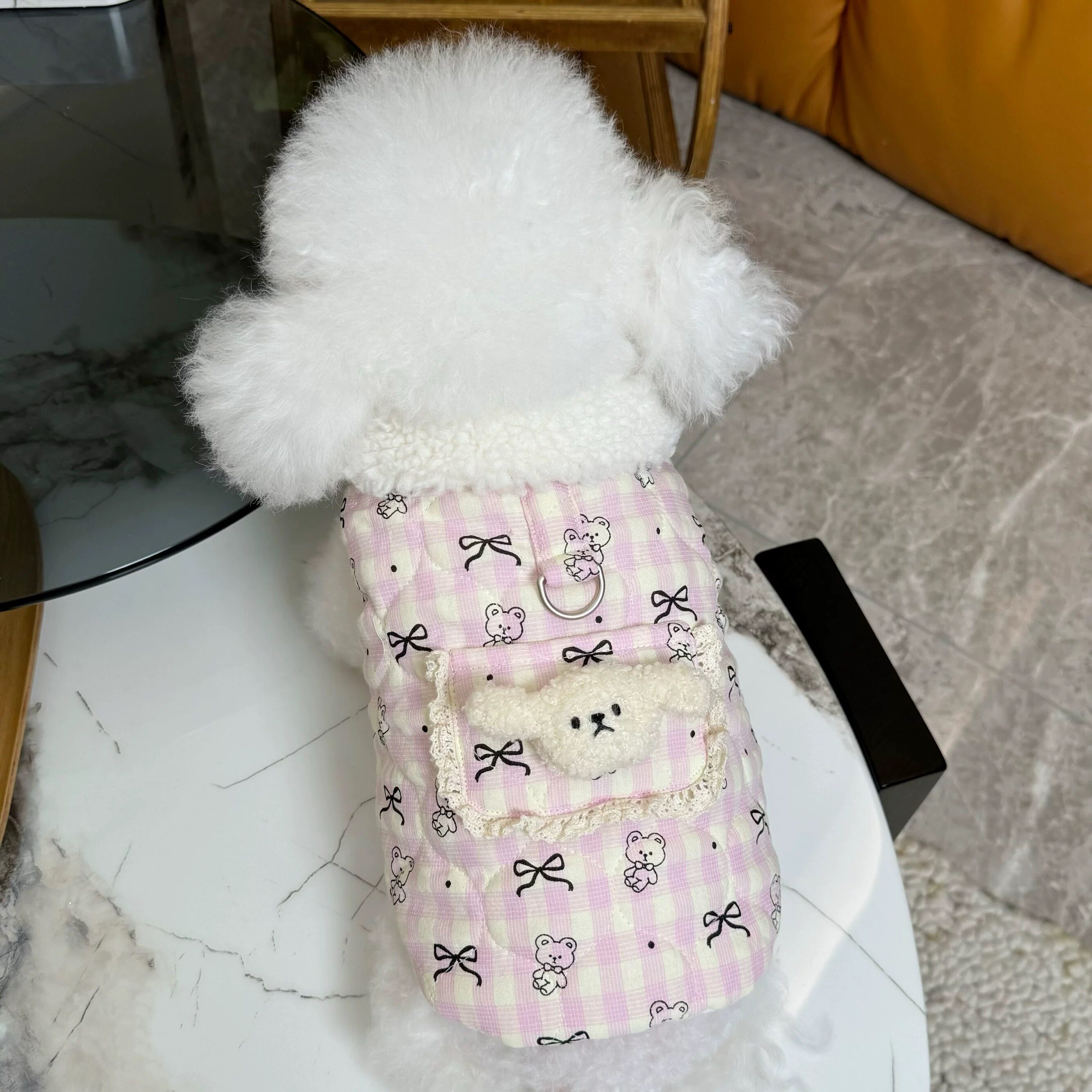 宠物衣服秋冬新款加棉加绒娃娃领马甲开衫背心狗狗猫咪牵引扣棉服