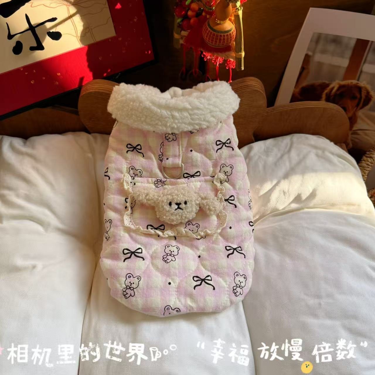宠物衣服秋冬新款加棉加绒娃娃领马甲开衫背心狗狗猫咪牵引扣棉服