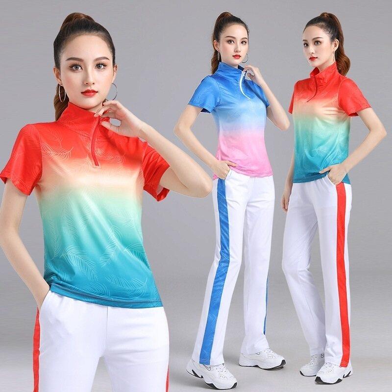 时尚广场舞蹈服装男女夏新款短袖团队服健身表演出休闲运动服套装