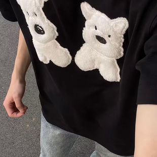 美式复古趣味小狗刺绣短袖t恤男夏季潮牌宽松纯棉情侣款上衣女